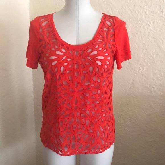 Aritzia Babaton Vermilion Red Orange Silk Mesh Cutout Top T-Shirt Blouse - Picture 1 of 9